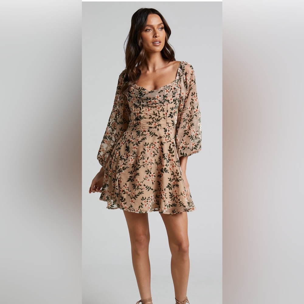 JESSELL MINI DRESS - LONG SLEEVE COWL CORSET DRESS IN BEIGE FLORAL